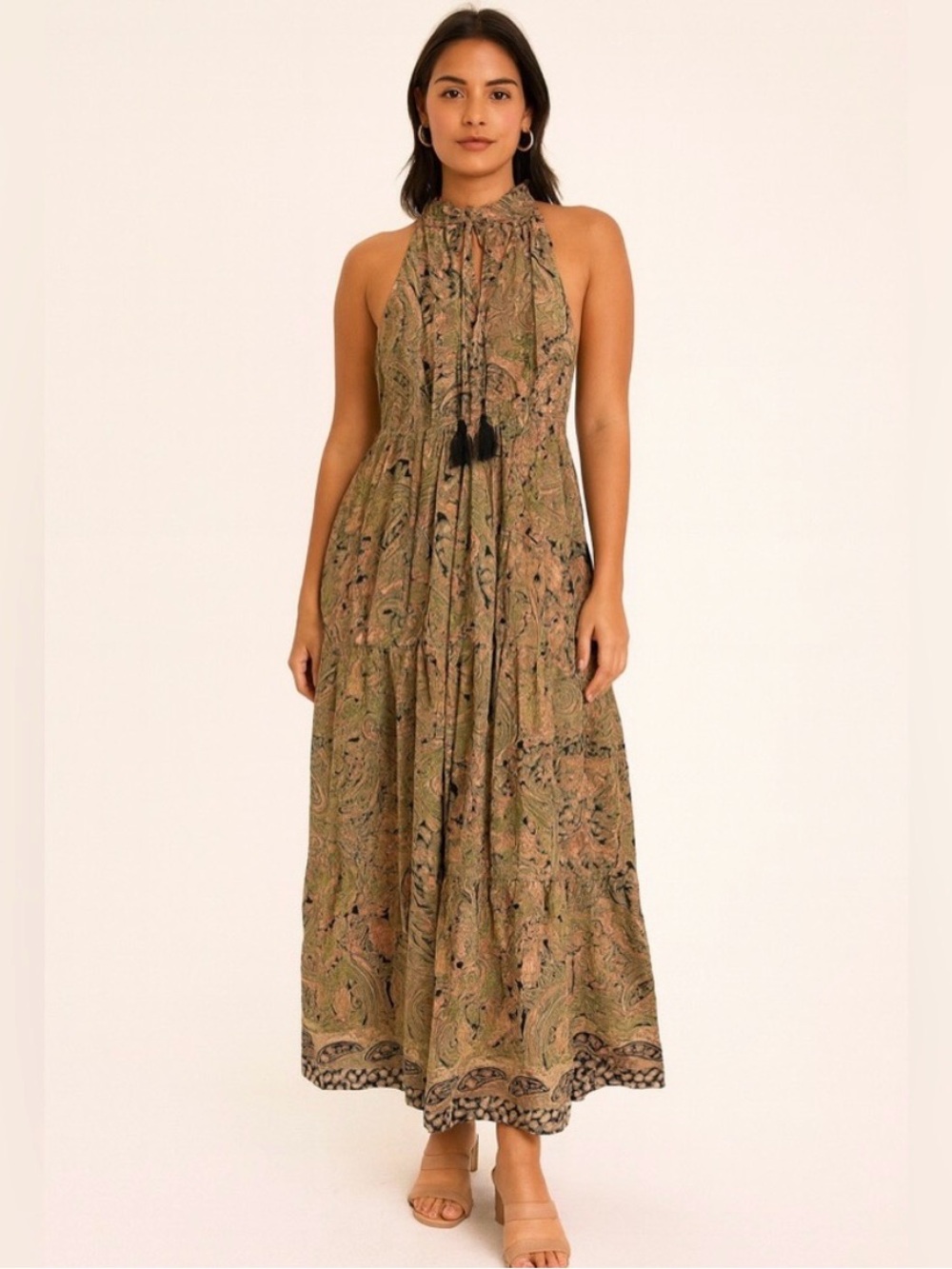 Boemo Anthropologie Paisley Tiered Maxi Halter Dress